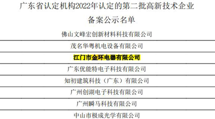 好消息！金環(huán)電器再次通過國家級“高新技術企業(yè)”認定